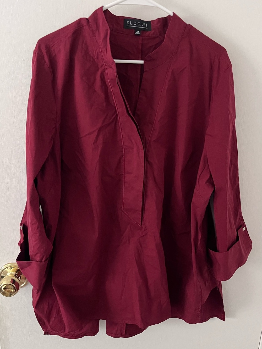 Eloquii Crisp Maroon Stand Collar Blouse Tunic Cuff Split Hem Plus Size 24